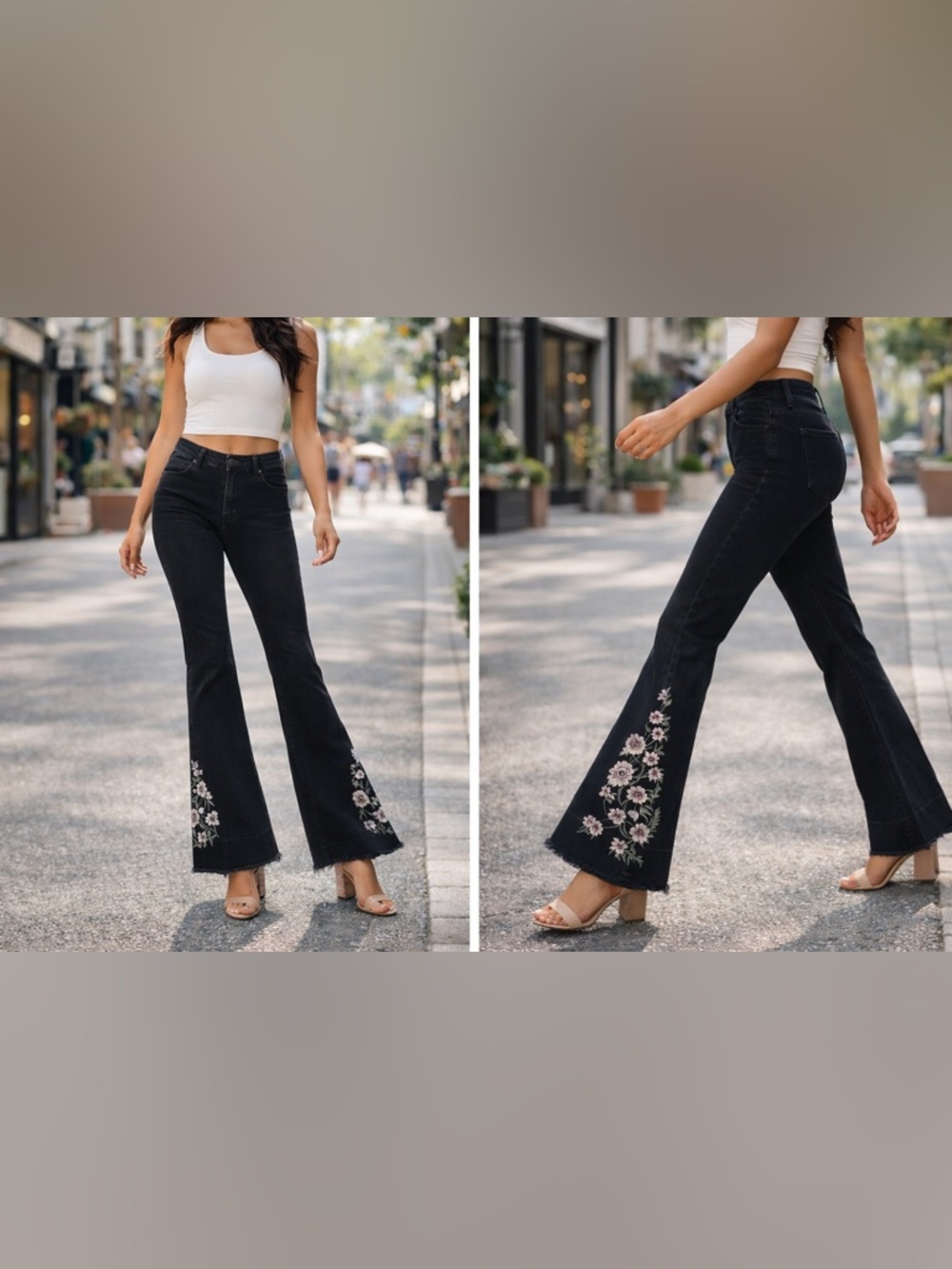 Prosperity Denim Black Flare Jeans Floral Embroidered Hem Size 30 NWT